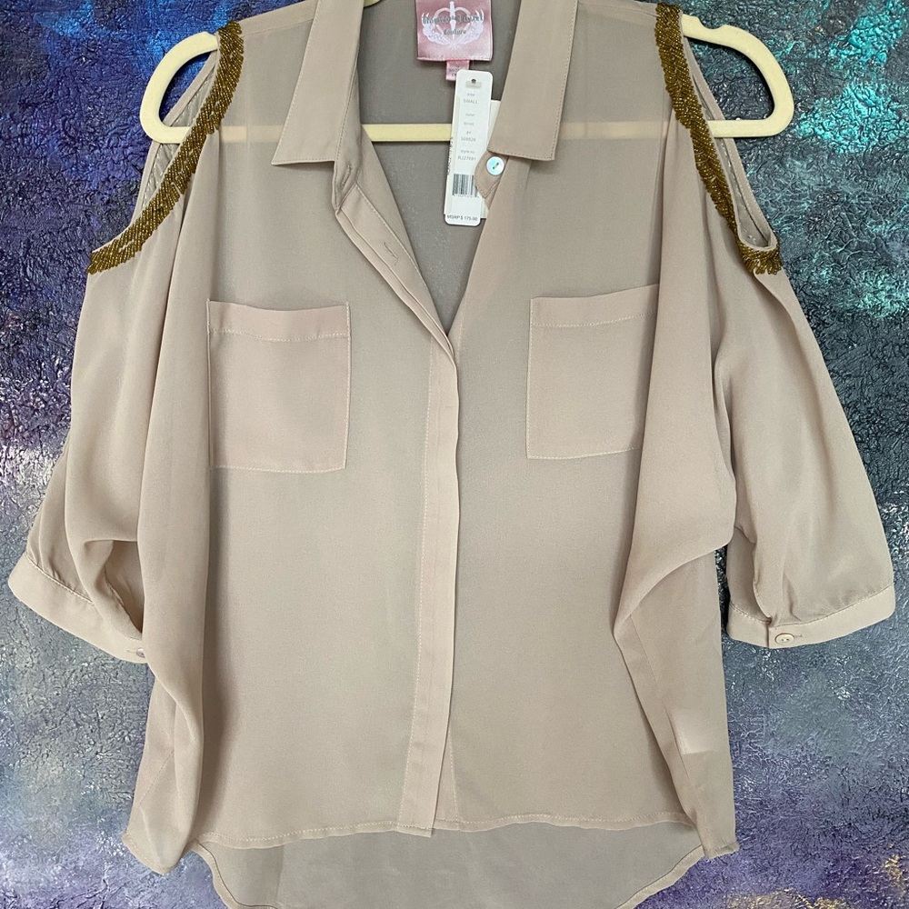 Romeo & Juliet Couture Women's Beige beaded cold shoulder Sheer Button Top small